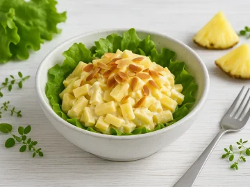 Weiße Schüssel mit Käse-Ananas-Salat, garniert mit Mandeln und grünem Salat auf hellem Holzhintergrund