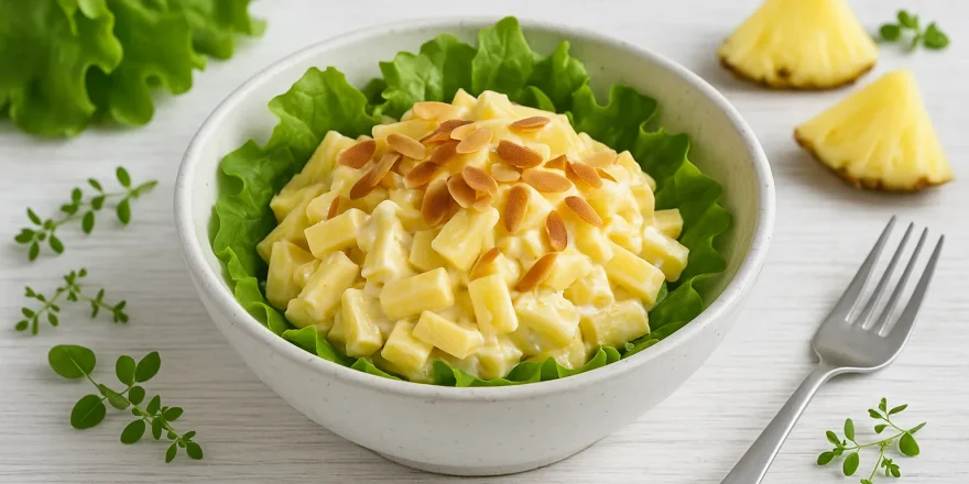 Weiße Schüssel mit Käse-Ananas-Salat, garniert mit Mandeln und grünem Salat auf hellem Holzhintergrund