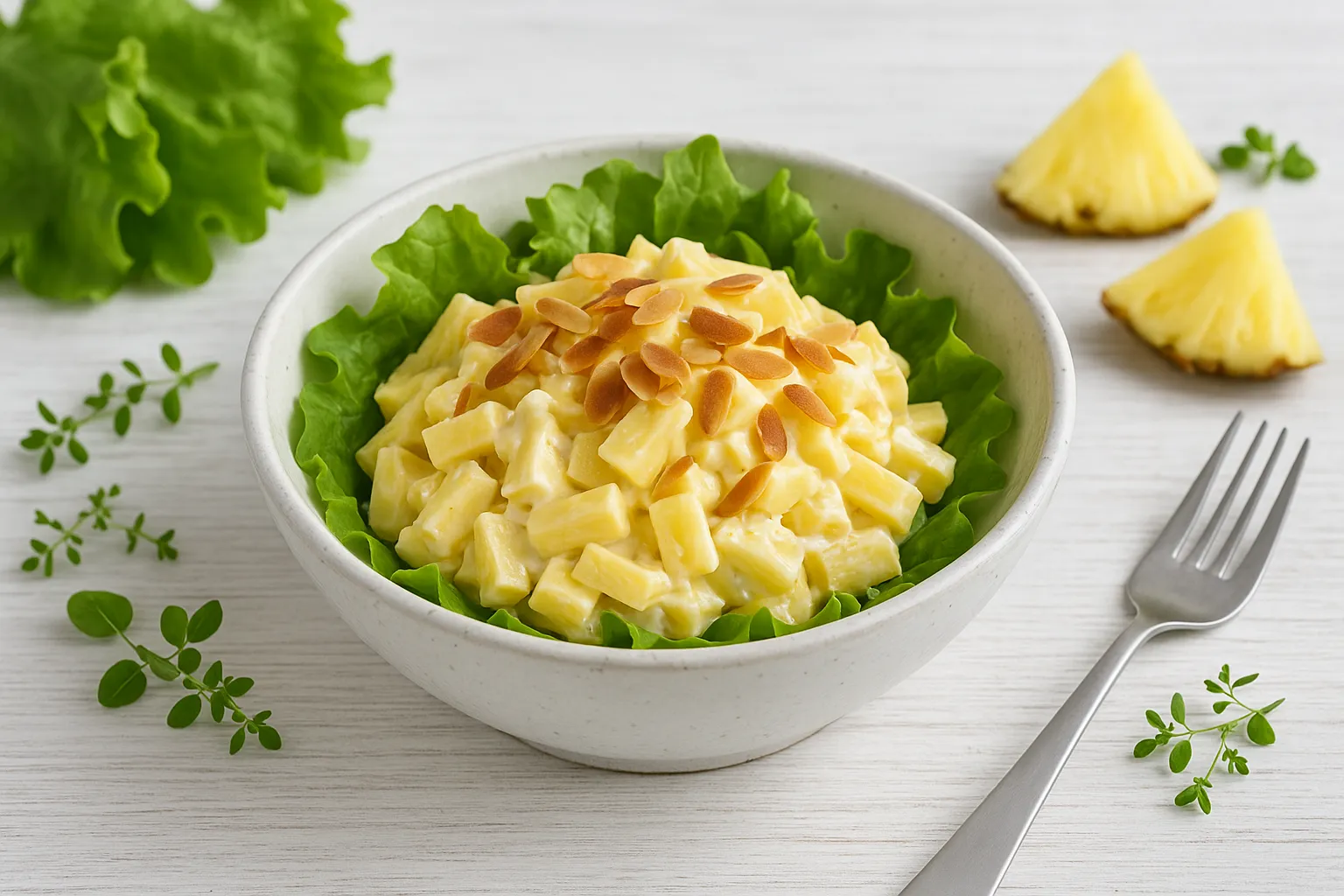 Weiße Schüssel mit Käse-Ananas-Salat, garniert mit Mandeln und grünem Salat auf hellem Holzhintergrund