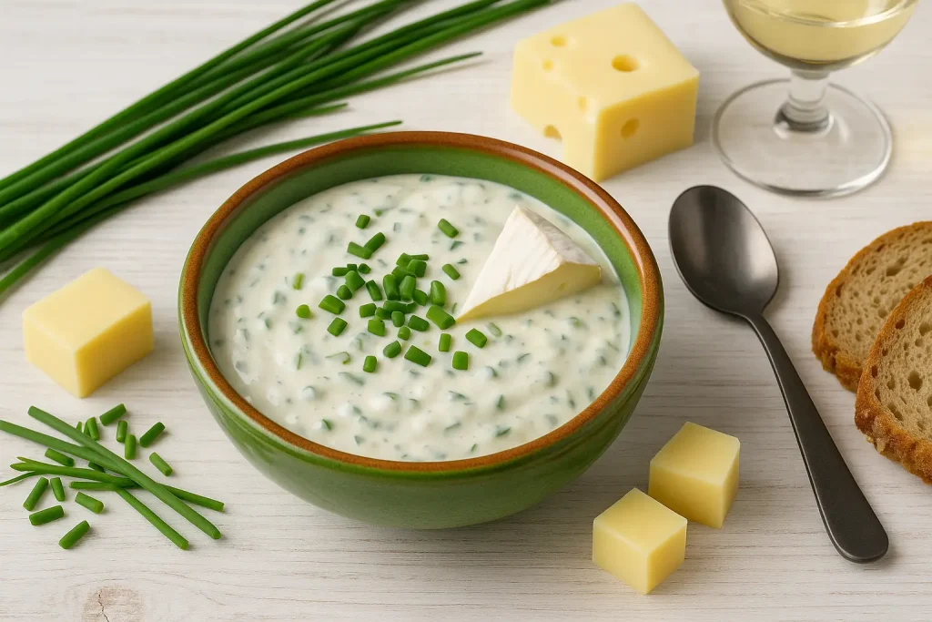 Käse-Schnittlauch-Soße in grüner Schale auf weißem Holztisch, dekoriert mit frischem Schnittlauch, Käse und Brot.