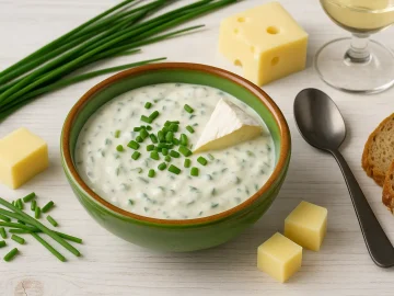 Käse-Schnittlauch-Soße in grüner Schale auf weißem Holztisch, dekoriert mit frischem Schnittlauch, Käse und Brot.