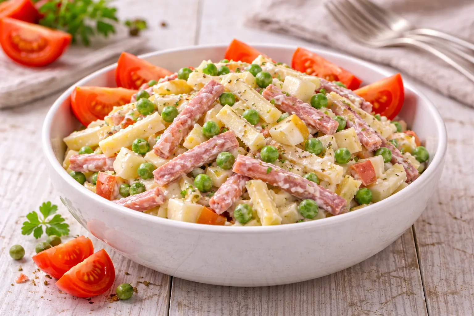 Käse-Wurst-Salat mit Käse, Bierschinken, Apfel und Erbsen in moderner Salatschüssel auf hellem Holztisch