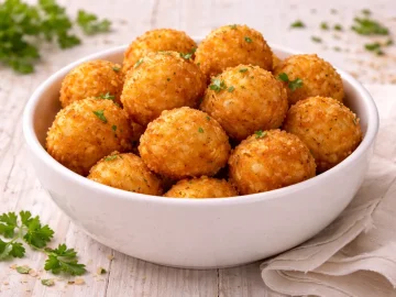 Goldbraun ausgebackene Käsebällchen in einer weißen Schüssel auf hellem Holztisch