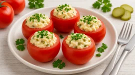 Gefüllte Tomaten mit Käsecreme aus Schmelzkäse, Gurken und Zwiebeln auf hellem Holztisch mit Petersilie und Besteck