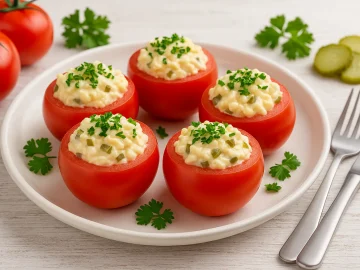 Gefüllte Tomaten mit Käsecreme aus Schmelzkäse, Gurken und Zwiebeln auf hellem Holztisch mit Petersilie und Besteck