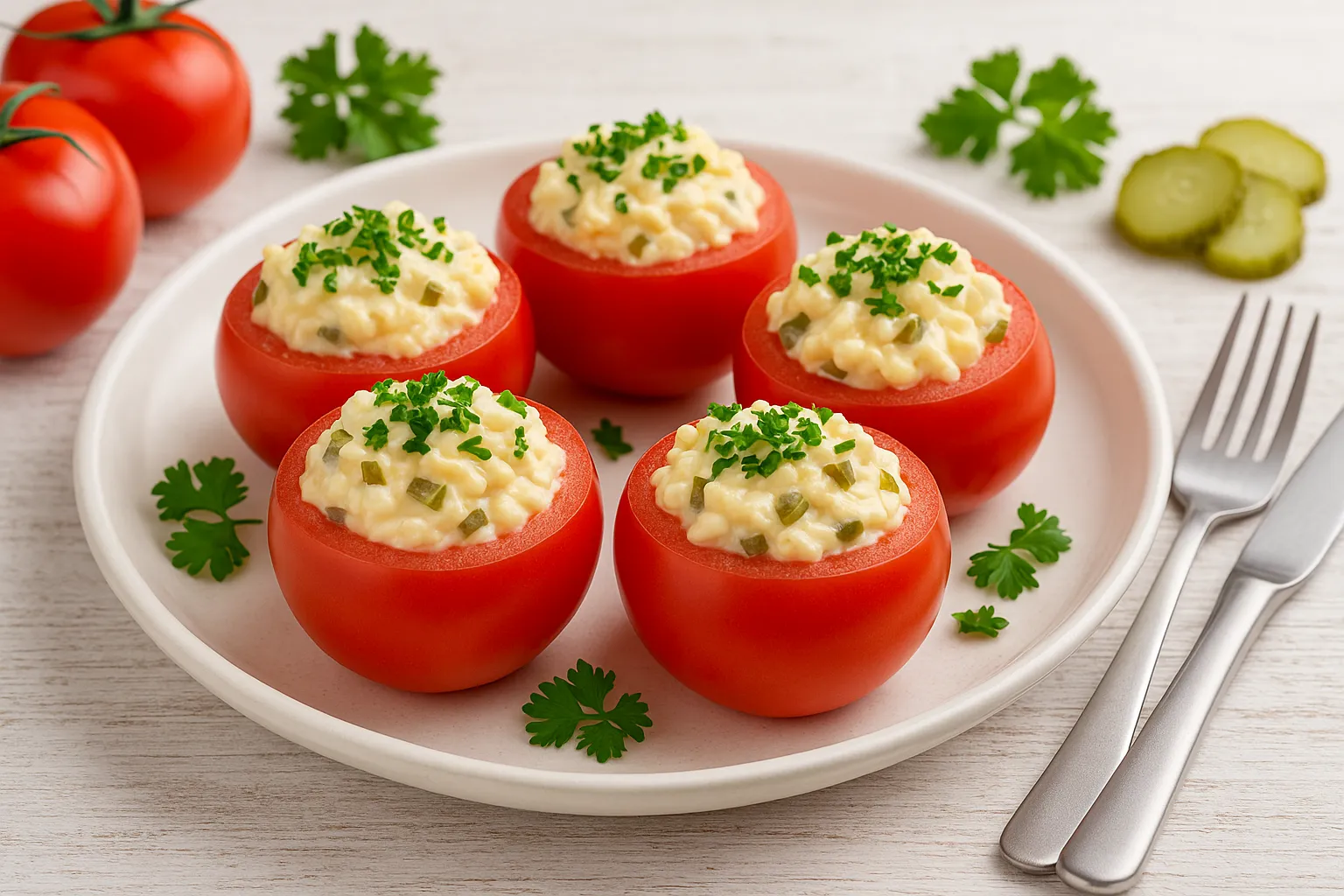 Gefüllte Tomaten mit Käsecreme aus Schmelzkäse, Gurken und Zwiebeln auf hellem Holztisch mit Petersilie und Besteck