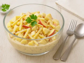 Käsesalat mit Äpfeln, Birnen und Mandeln in moderner Glasschüssel serviert