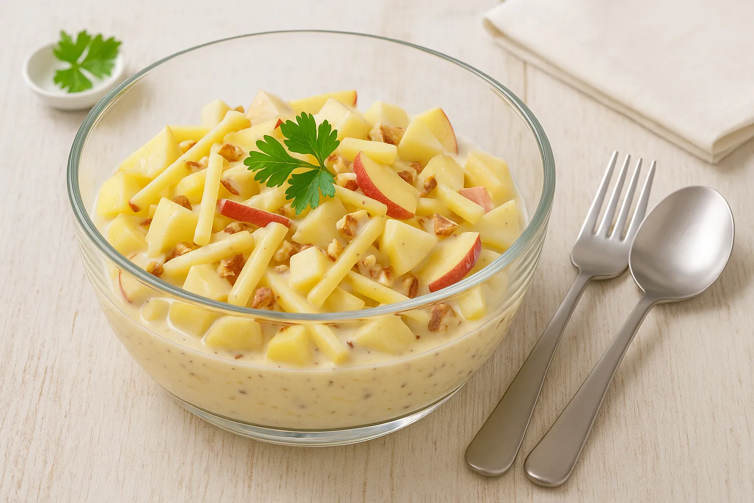 Käsesalat mit Äpfeln, Birnen und Mandeln in moderner Glasschüssel serviert