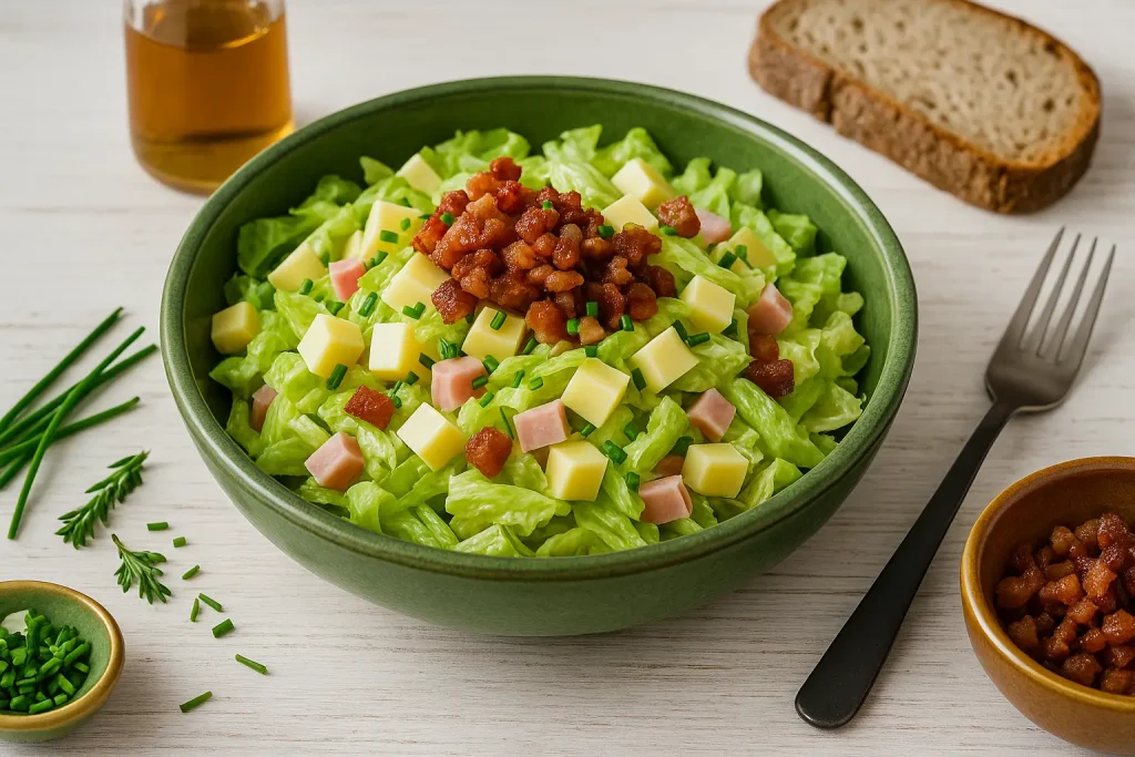 Käsesalat mit Speck in grüner Schüssel auf weißem Holztisch, garniert mit Schnittlauch, Brot und Essig.
