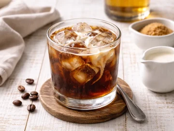 Kalter Kaffee mit Whisky, Eiswürfeln und Kaffeesahne in Glas auf hellem Holztisch