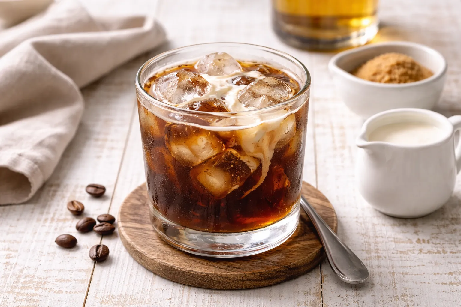 Kalter Kaffee mit Whisky, Eiswürfeln und Kaffeesahne in Glas auf hellem Holztisch