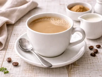 Milchkaffee in weißer Tasse auf hellem Holztisch mit sichtbarer Holzmaserung und moderner Dekoration