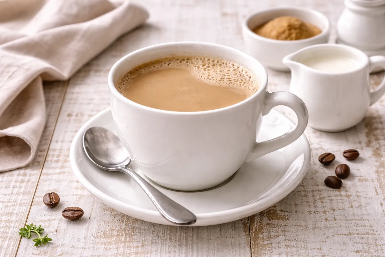 Milchkaffee in weißer Tasse auf hellem Holztisch mit sichtbarer Holzmaserung und moderner Dekoration