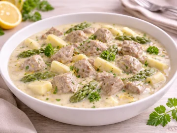 Kalbsfrikassee mit Spargelstücken in cremiger Soße in weißer Schüssel auf hellem Holztisch