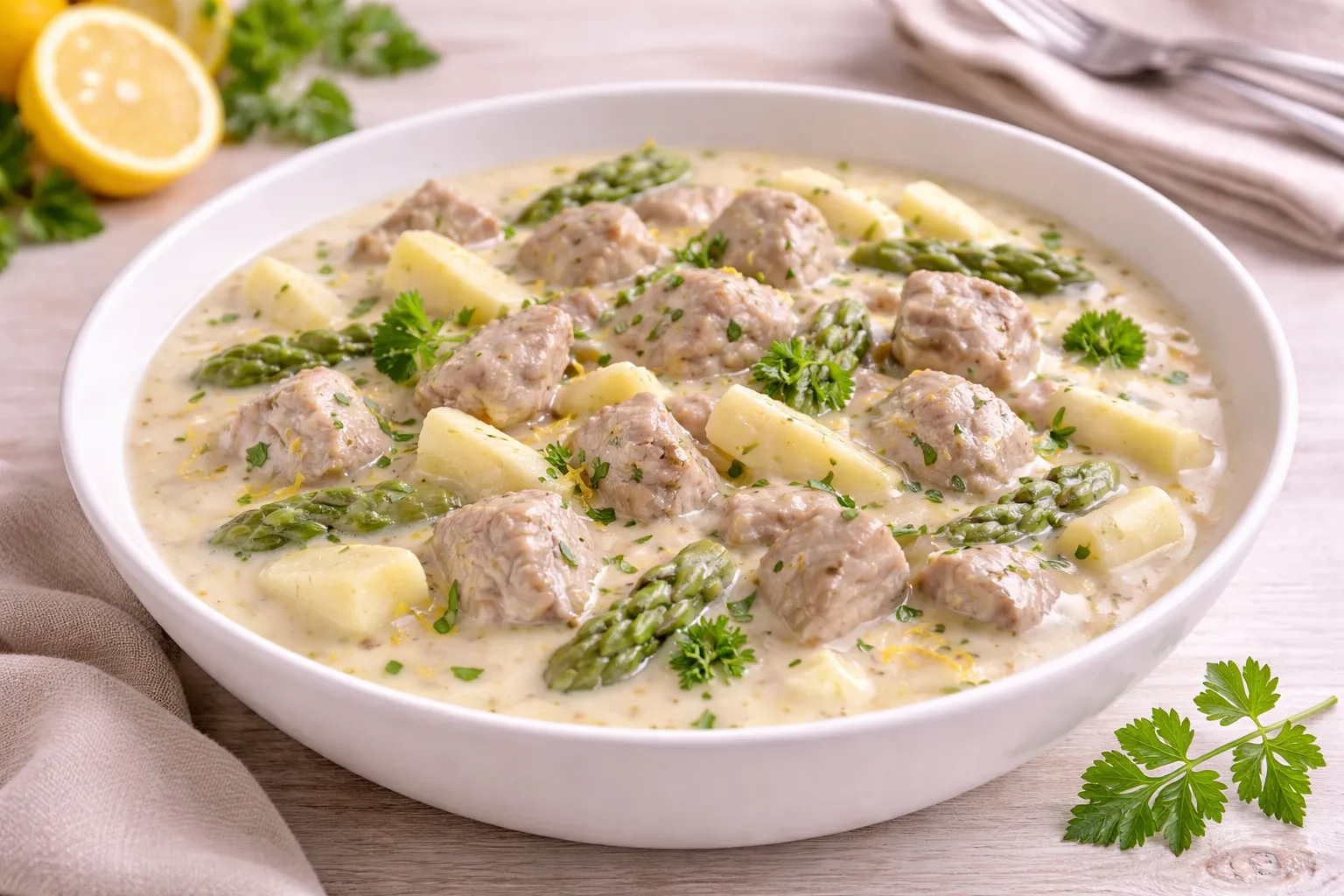 Kalbsfrikassee mit Spargelstücken in cremiger Soße in weißer Schüssel auf hellem Holztisch