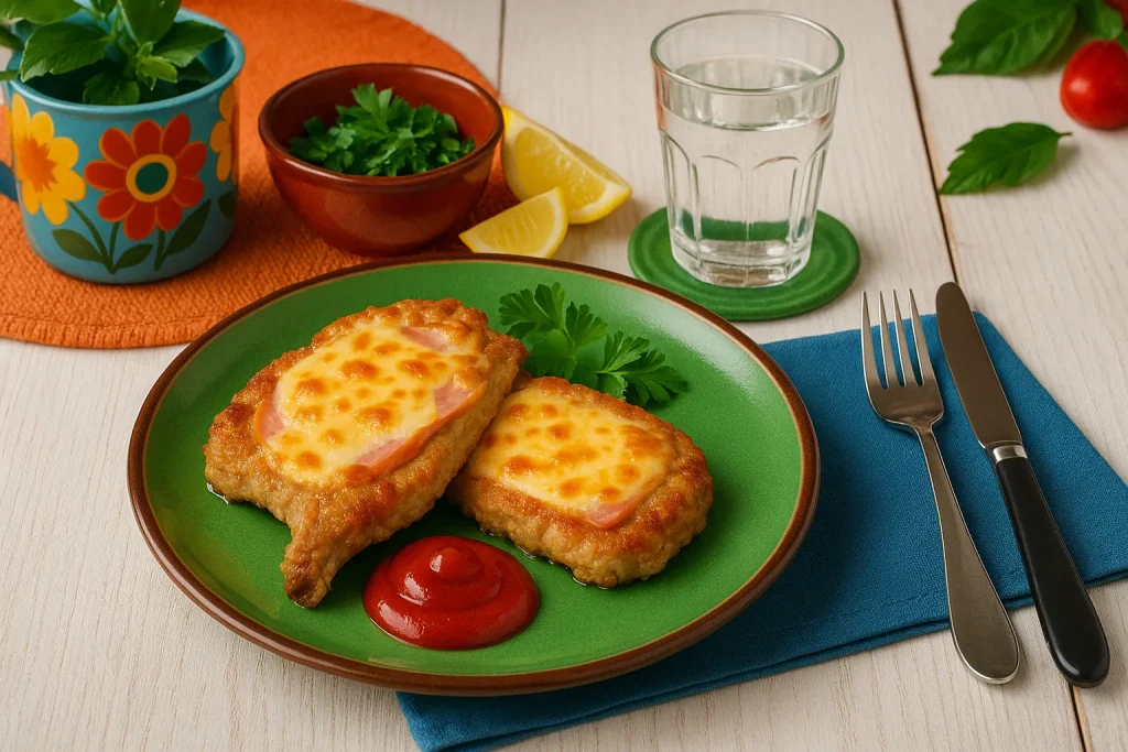  Kalbskoteletts mit Schinken und Käse überbacken auf grünem DDR-Teller, dekoriert mit Kräutern und Ketchup, modernes Besteck, bunte Schalen, heller Holzhintergrund.