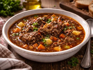 Kräftige Ochsenschwanzsuppe mit Gemüse und Fleischstücken in rustikalem tiefen Teller