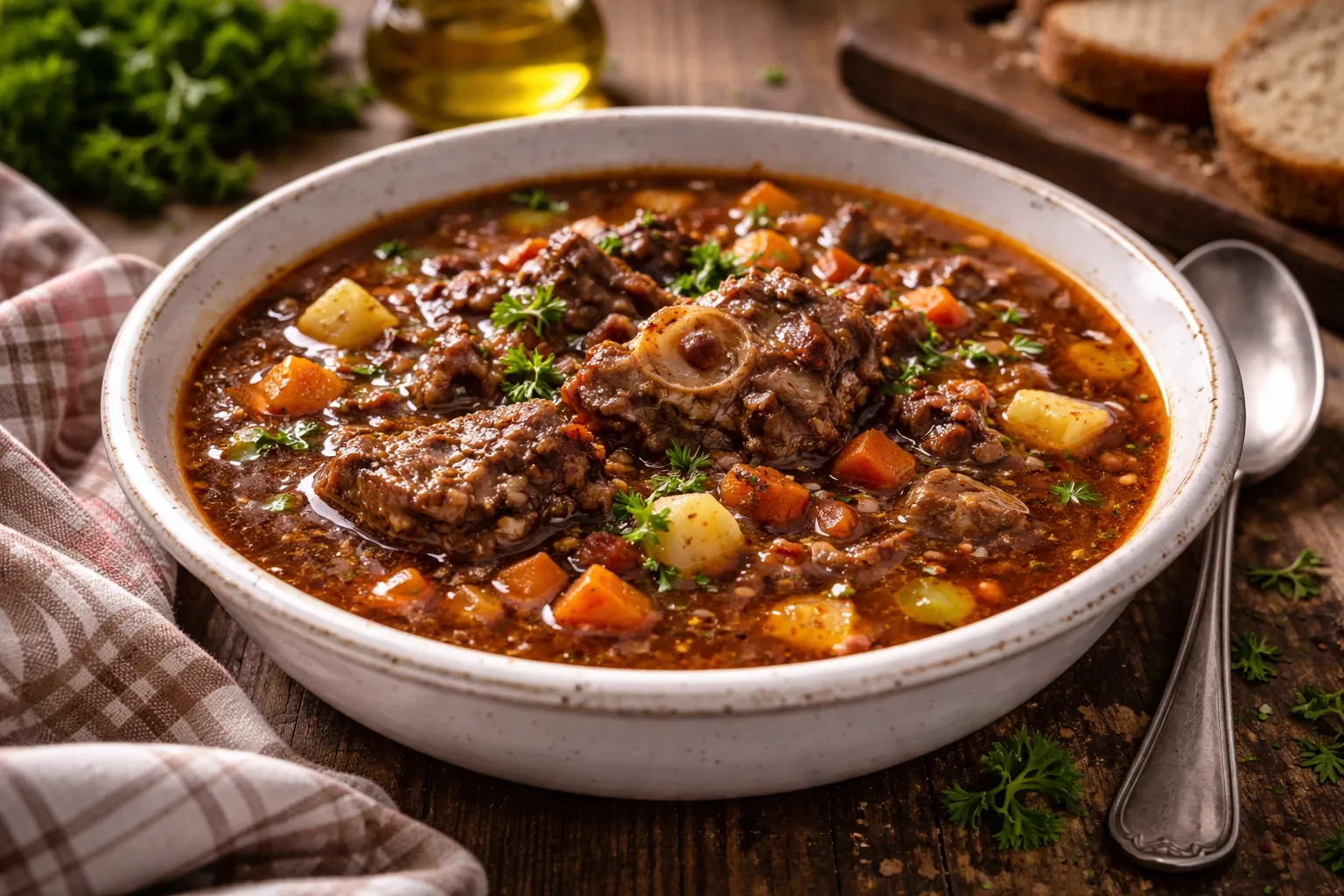 Kräftige Ochsenschwanzsuppe mit Gemüse und Fleischstücken in rustikalem tiefen Teller