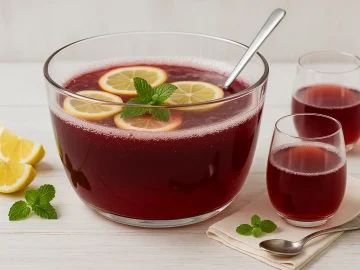 Kalte Ente rot in Glasgefäß mit Zitronenscheiben und frischer Minze, serviert auf Holztisch