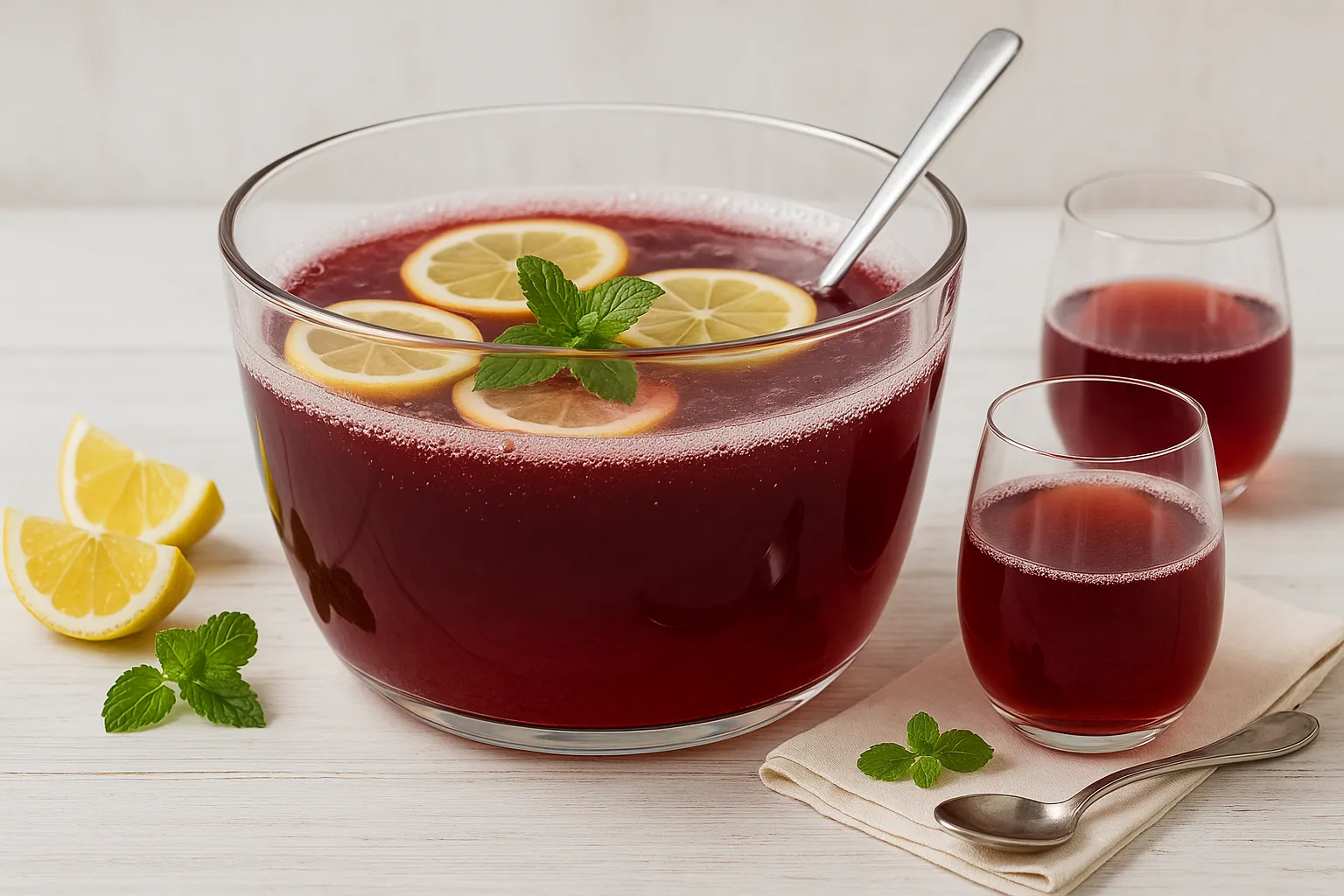 Kalte Ente rot in Glasgefäß mit Zitronenscheiben und frischer Minze, serviert auf Holztisch