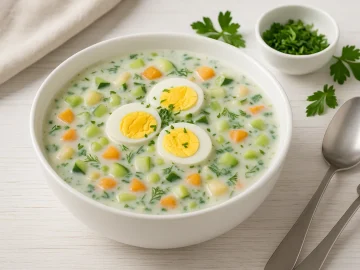 Kalte Gemüsesuppe mit Gemüse, Eiern, Gurke und saurer Sahne in einer weißen Suppenschüssel serviert