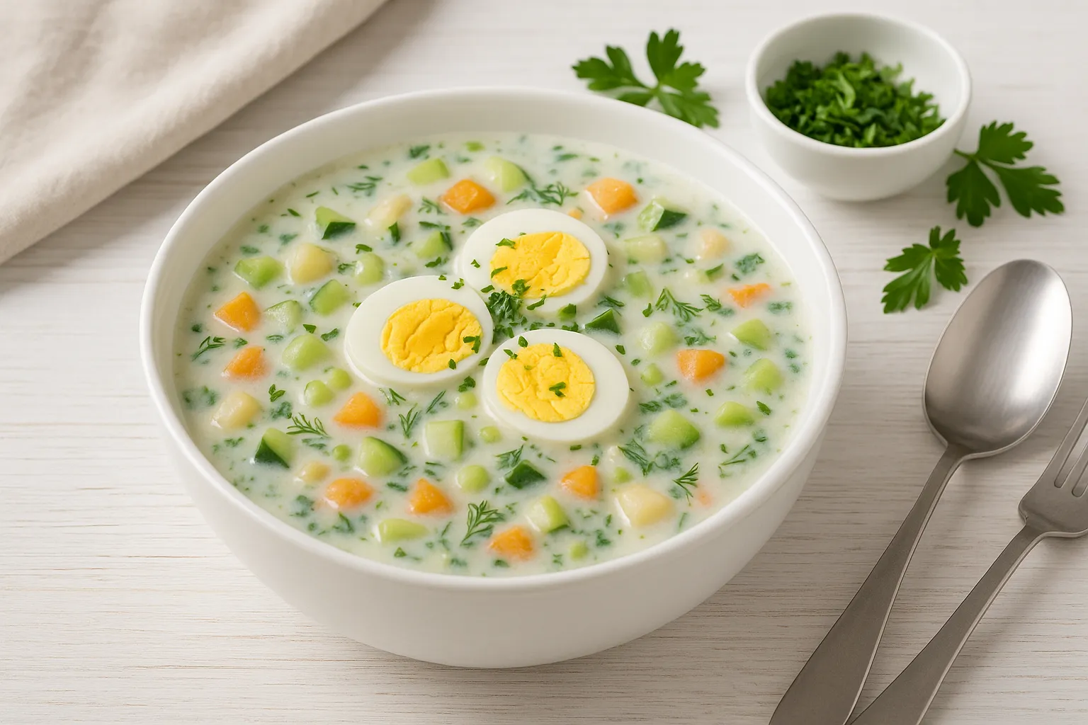 Kalte Gemüsesuppe mit Gemüse, Eiern, Gurke und saurer Sahne in einer weißen Suppenschüssel serviert