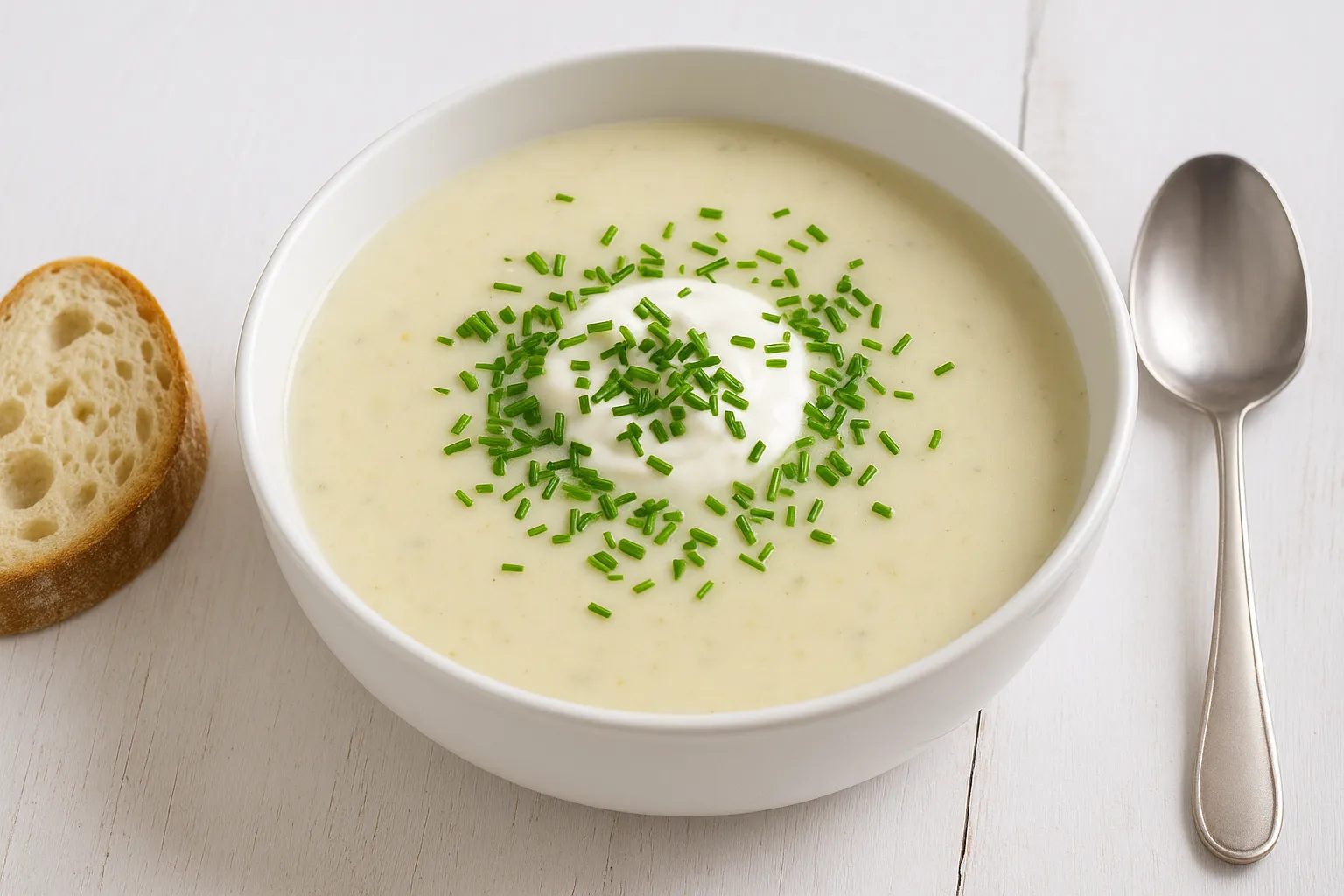 Kalte Kartoffelkremsuppe mit Joghurt und frischem Schnittlauch in weißer Schüssel, serviert auf weißem Holztisch mit Brot und Löffel