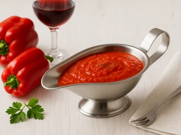 Kalte Paprikasoße mit roter Paprika und Rotwein in Edelstahlsauciere auf weißem Holzhintergrund