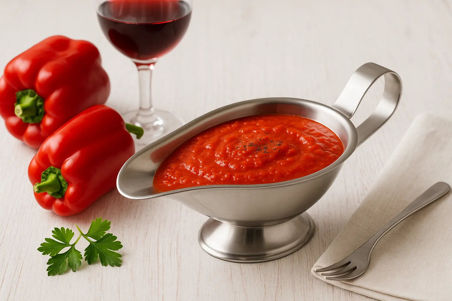 Kalte Paprikasoße mit roter Paprika und Rotwein in Edelstahlsauciere auf weißem Holzhintergrund