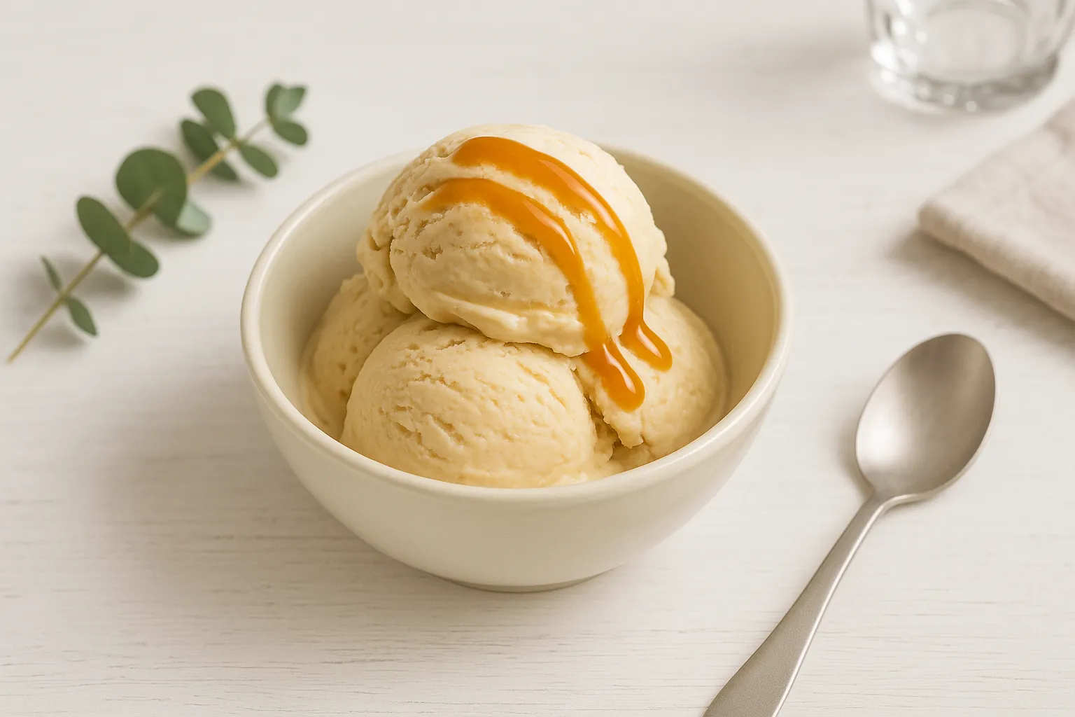 Schale mit cremigem Karameleis, garniert mit Karamellsauce auf weißem Holztisch