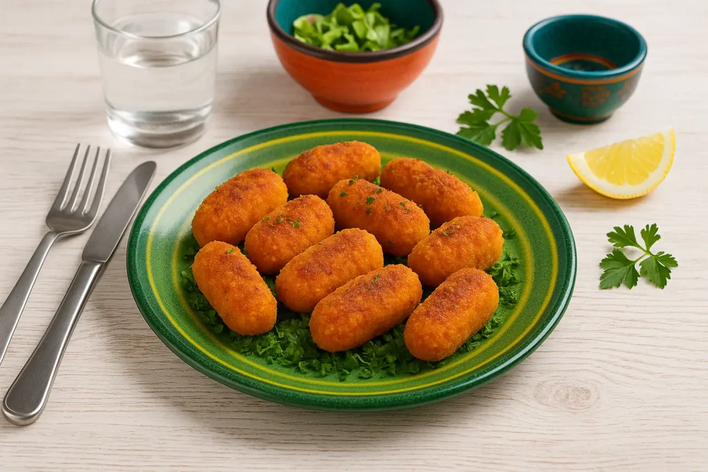  Goldene Karottenkroketten auf grünem Teller mit Petersilie, daneben buntes DDR-Geschirr, Zitrone und Besteck, weißer Holzhintergrund.