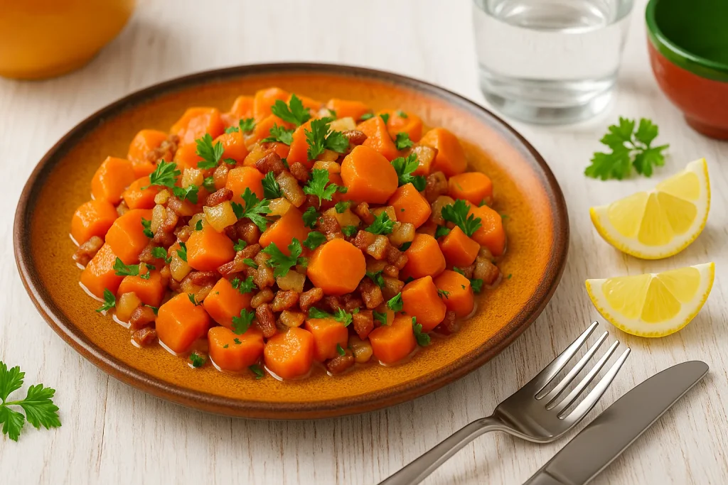 Karottenpfanne mit Speck, Zwiebeln und Petersilie auf orangefarbenem DDR-Teller, dekoriert mit Kräutern und Zitrone, modernes Besteck, heller Holzhintergrund.