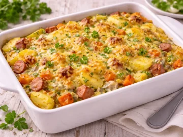 Auflaufform mit Kartoffel-Gemüse-Auflauf und goldbrauner Käsekruste auf hellem Holztisch