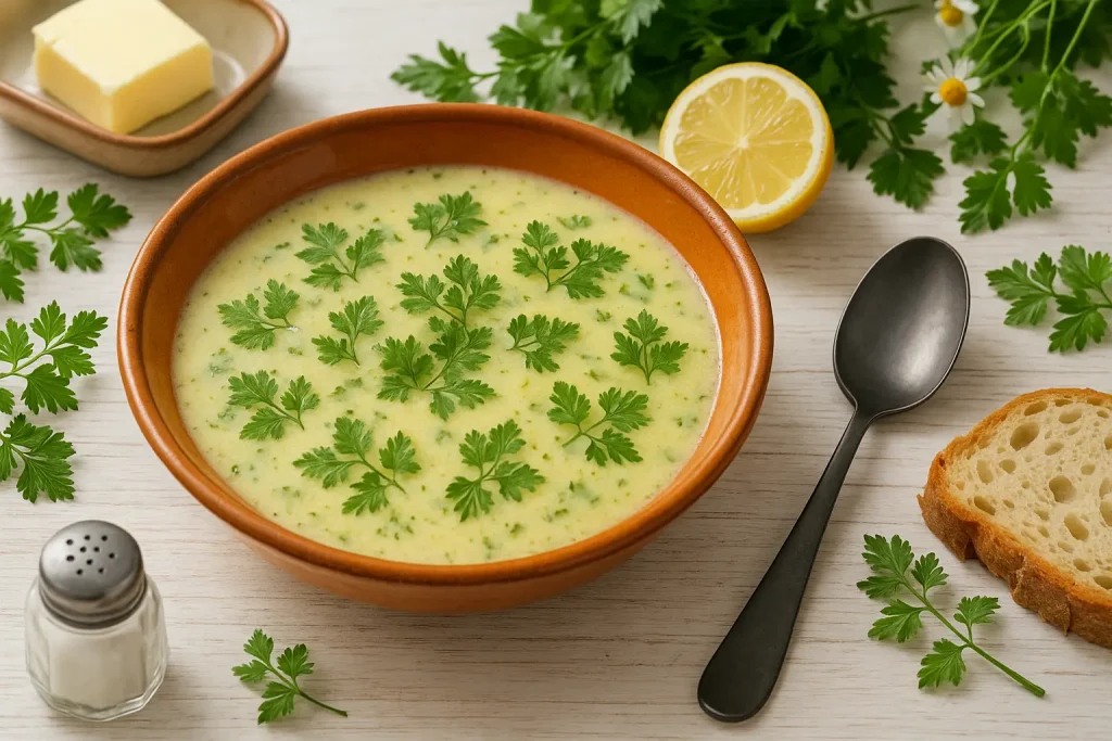 Kartoffel-Kerbel-Suppe in einem tiefen, orangefarbenen DDR-Teller auf weißem Holztisch, dekoriert mit frischen Kräutern, Zitrone und modernem Besteck.