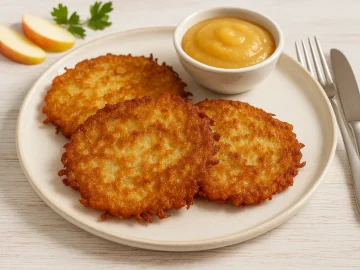 Kartoffel-Pfannkuchen auf weißem DDR-Teller, goldbraun ausgebacken, serviert mit Apfelmus auf hellem Holz