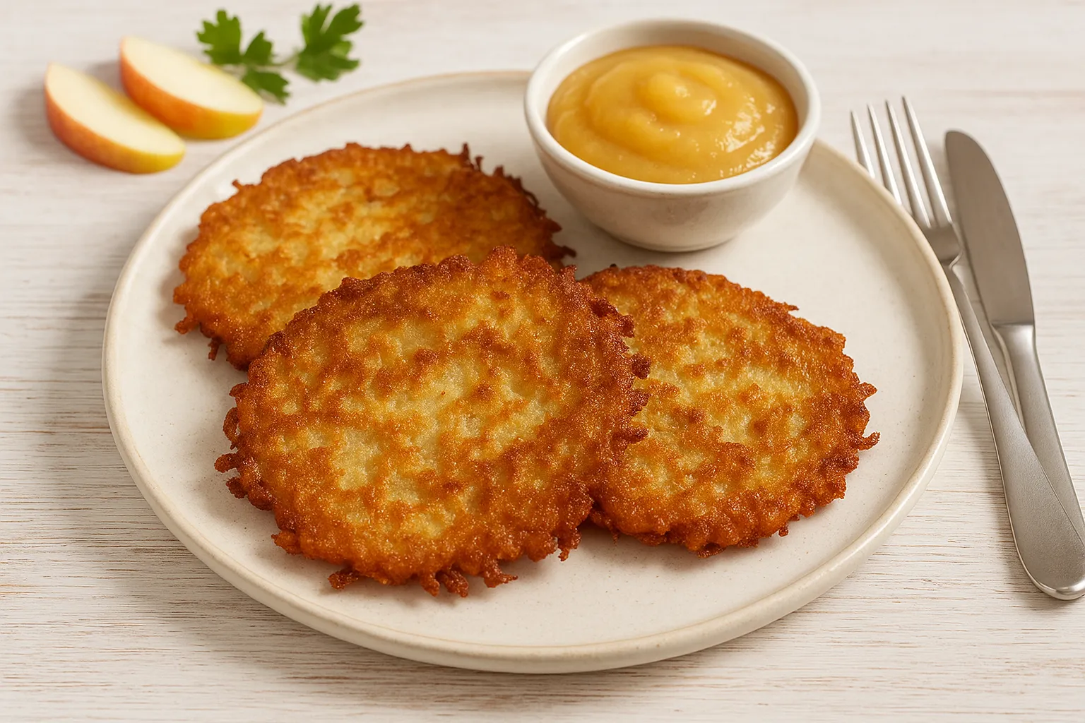 Kartoffel-Pfannkuchen auf weißem DDR-Teller, goldbraun ausgebacken, serviert mit Apfelmus auf hellem Holz