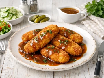 Goldbraun gebratene Kartoffelkoteletts auf weißem Teller mit brauner Soße, Gurkensalat und Dekoration auf hellem Holzhintergrund