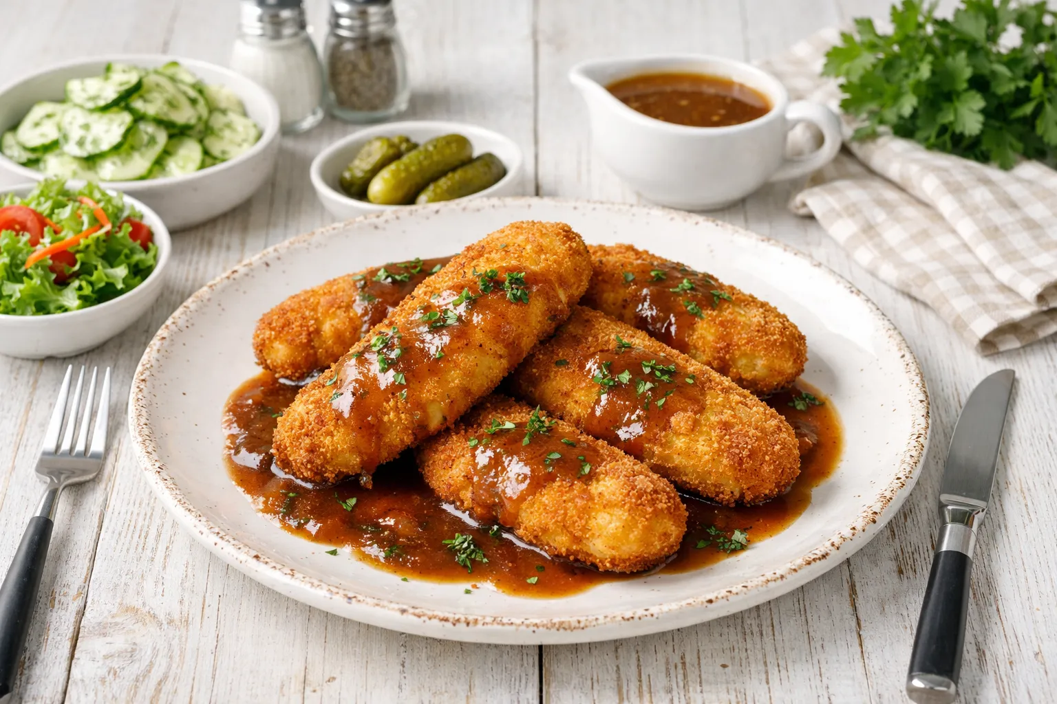 Goldbraun gebratene Kartoffelkoteletts auf weißem Teller mit brauner Soße, Gurkensalat und Dekoration auf hellem Holzhintergrund