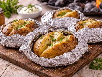 Gegrillte Kartoffeln in Folie aufgeschnitten auf rustikalem Holztisch