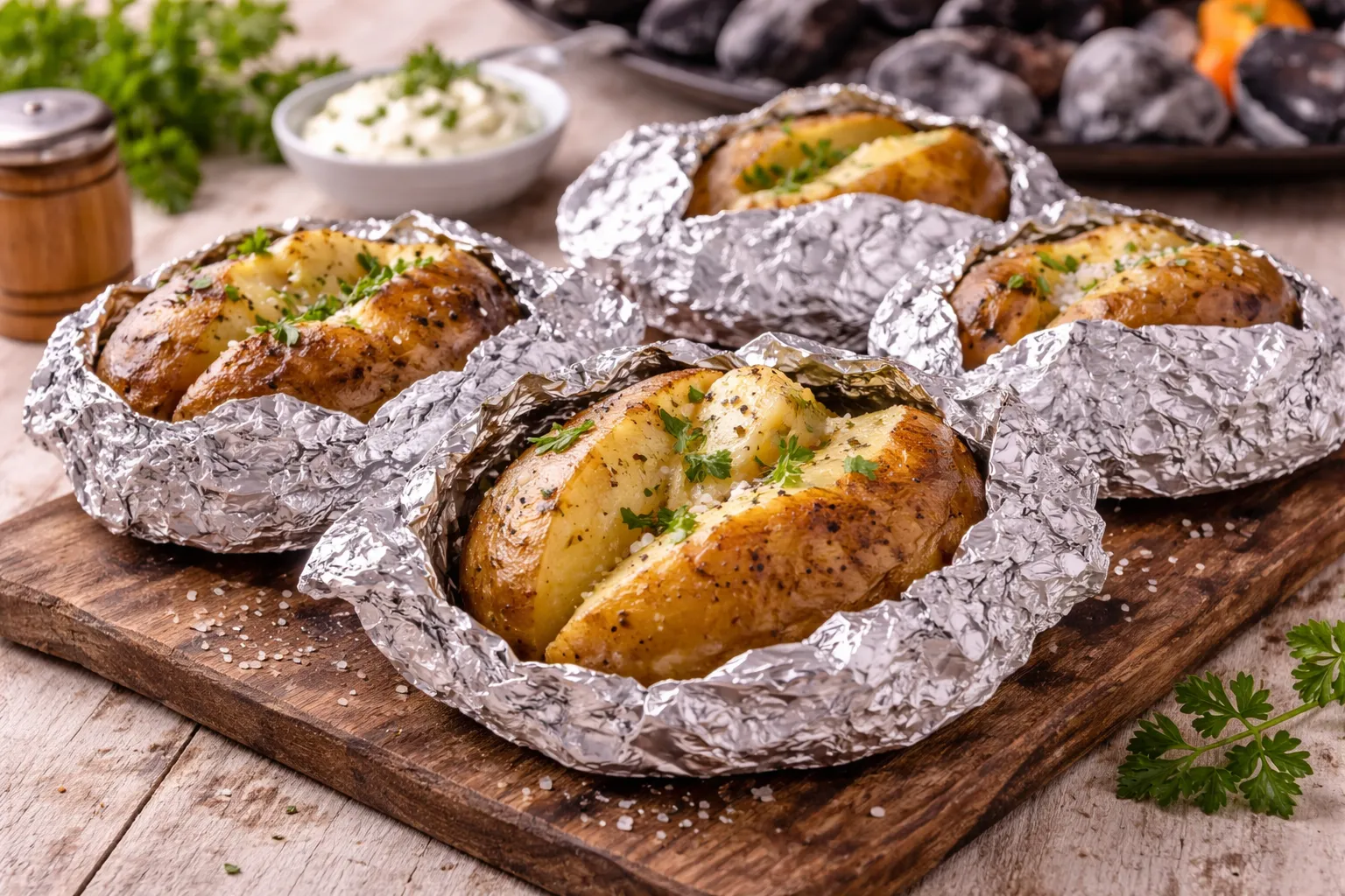Gegrillte Kartoffeln in Folie aufgeschnitten auf rustikalem Holztisch