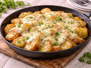 Gebratene Kartoffeln mit geschmolzenem Käse in rustikaler Pfanne serviert