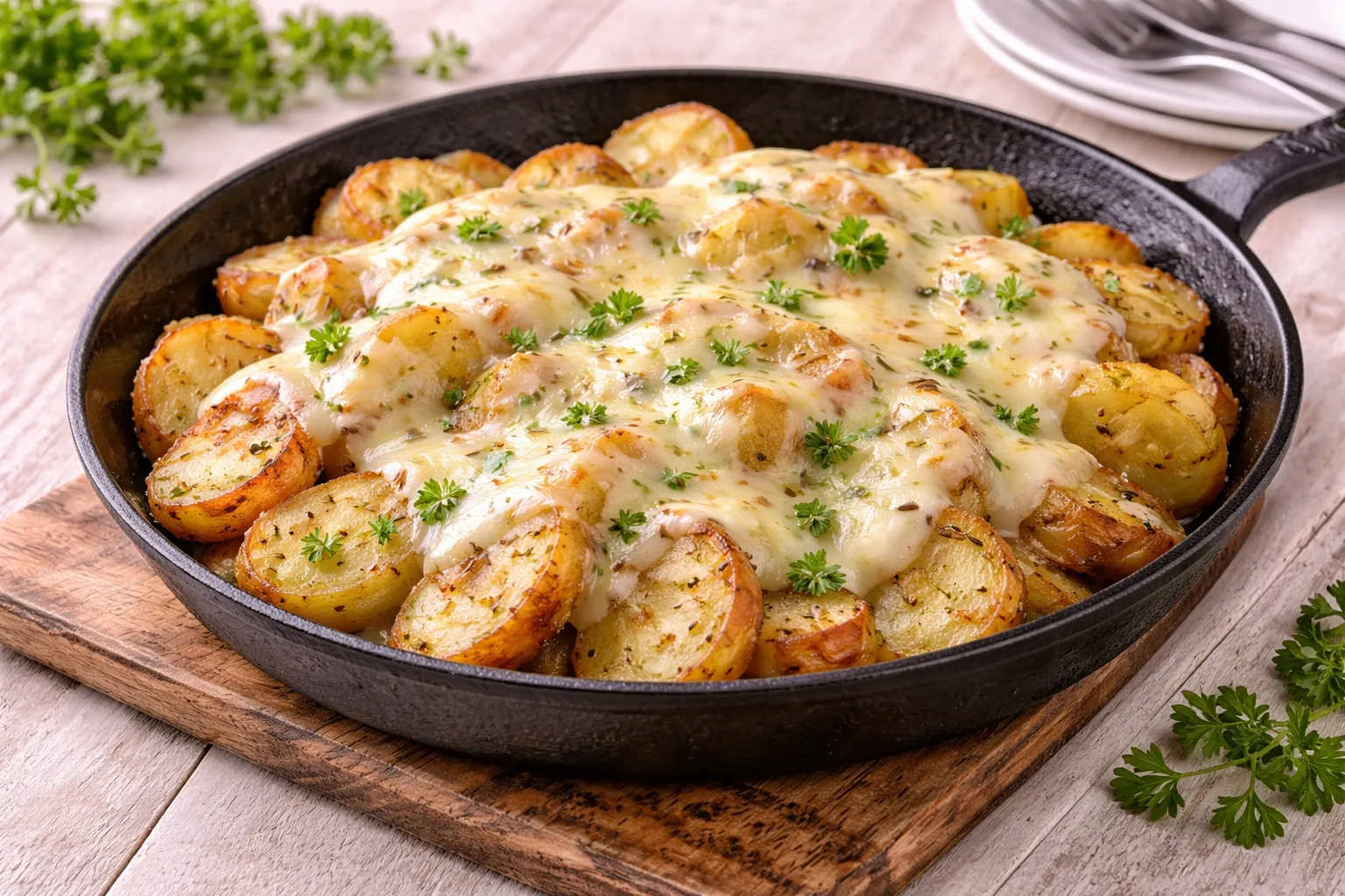 Gebratene Kartoffeln mit geschmolzenem Käse in rustikaler Pfanne serviert