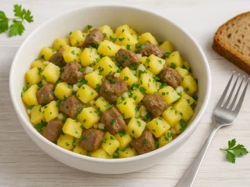 Kartoffelsalat mit Geflügelleber, Zwiebeln und frischen Kräutern in einer weißen Schüssel auf Holztisch