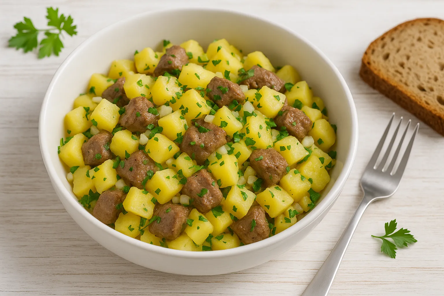 Kartoffelsalat mit Geflügelleber, Zwiebeln und frischen Kräutern in einer weißen Schüssel auf Holztisch