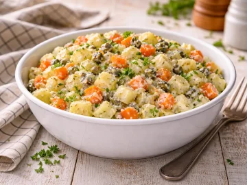 Kartoffelsalat mit Möhren, Sellerie und Quarksoße in weißer Schüssel auf hellem Holztisch