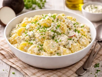 Kartoffelsalat mit Rettich und Schnittlauch in weißer Schüssel auf hellem Holztisch angerichtet