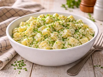 Cremiger Kartoffelsalat mit Schnittlauch in weißer Schüssel auf hellem Holztisch angerichtet