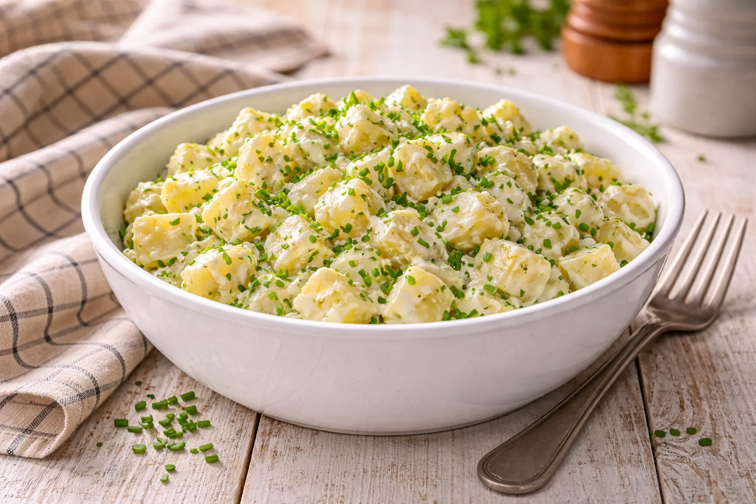 Cremiger Kartoffelsalat mit Schnittlauch in weißer Schüssel auf hellem Holztisch angerichtet