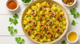 Kartoffelsalat nach Jägerart mit Pilzen und Kräutern in heller Schale auf weißem Holzhintergrund