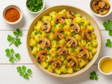 Kartoffelsalat nach Jägerart mit Pilzen und Kräutern in heller Schale auf weißem Holzhintergrund